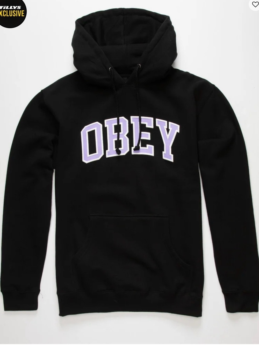 EUC Obey Black Unisex Hoodie with Purple & White Logo—Medium